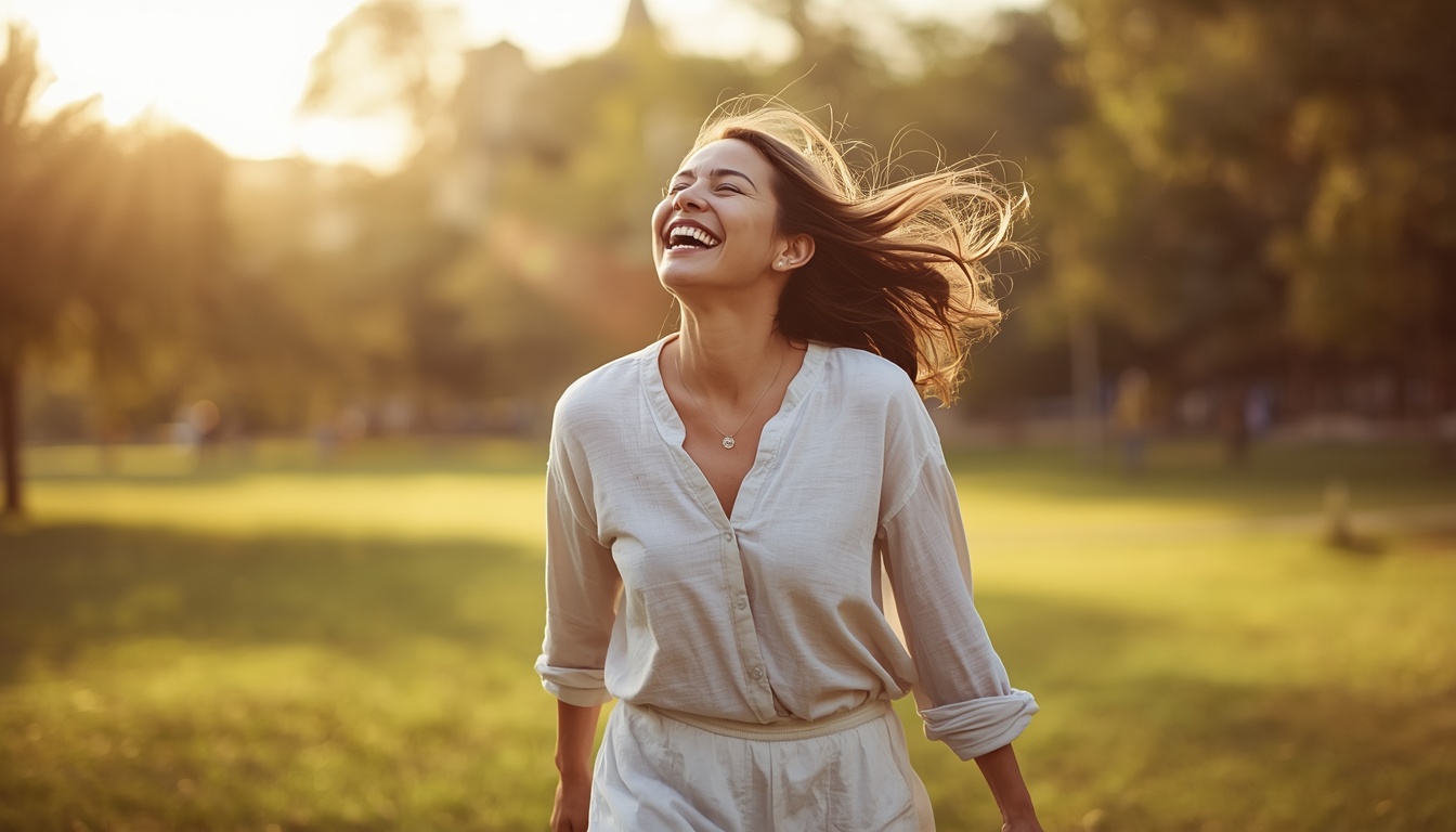 Mujer riendo al aire libre llena de energía y vitalidad